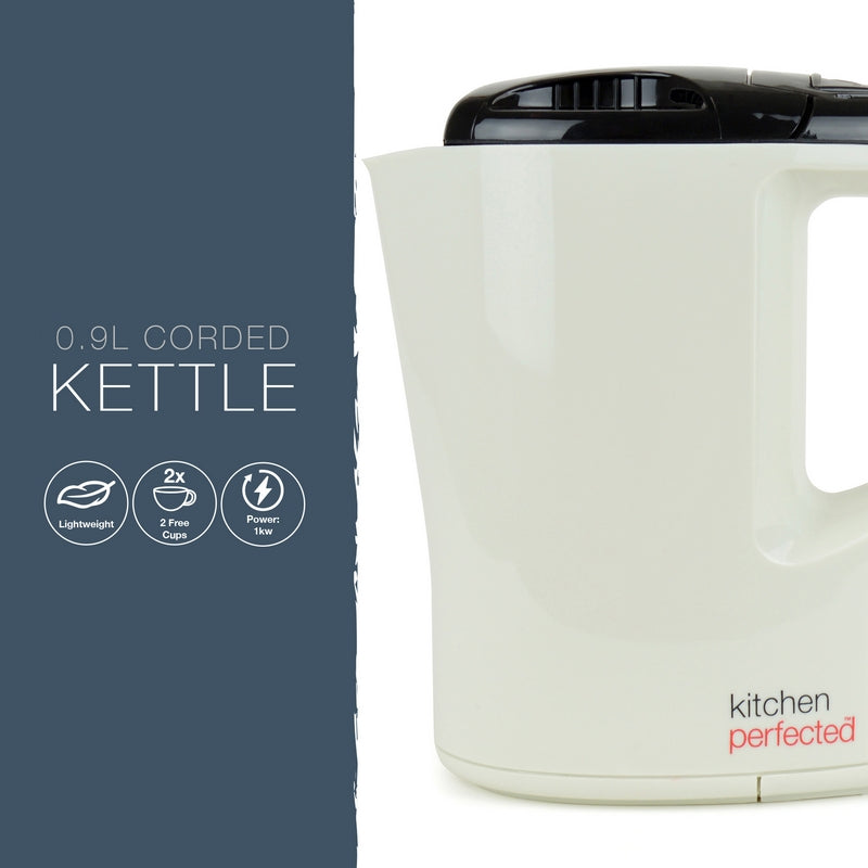 Kitchen Perfected Travel Kettle 900ml Cream And Black 1000W - With 2 Mugs
