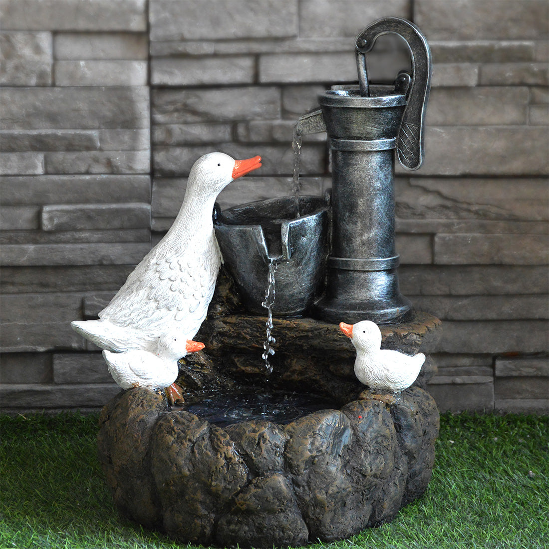White Duck Family Solar Garden Light Water Feature Decoration 4 White LED - 48.5cm by Bright Garden Primary Image