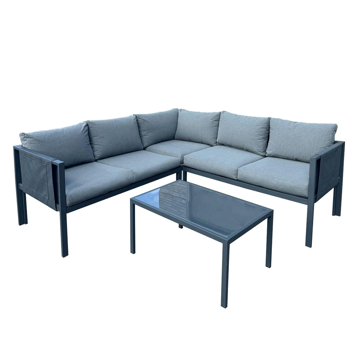 Contemporary Garden Corner Sofa Set Steel Light Grey Cushions by Croft - 4 Seat