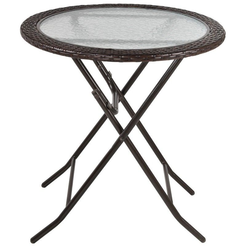 Outsunny Folding Round Table Tempered Glass Metal with Rattan Edging Black main image 0