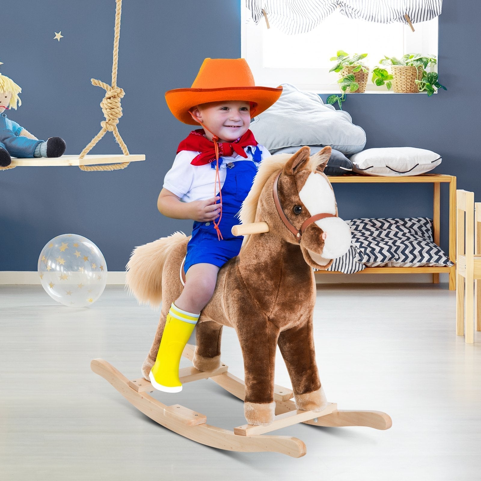 Kids Children Plush Rocking Horse Wooden Base Ride On Toy Rocker
