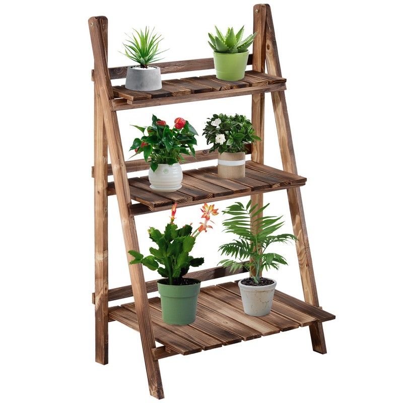 3 pot planter stand Outsunny Wooden Folding Flower Pot Stand 3 Tier Garden Planter Display – Cherry Lane