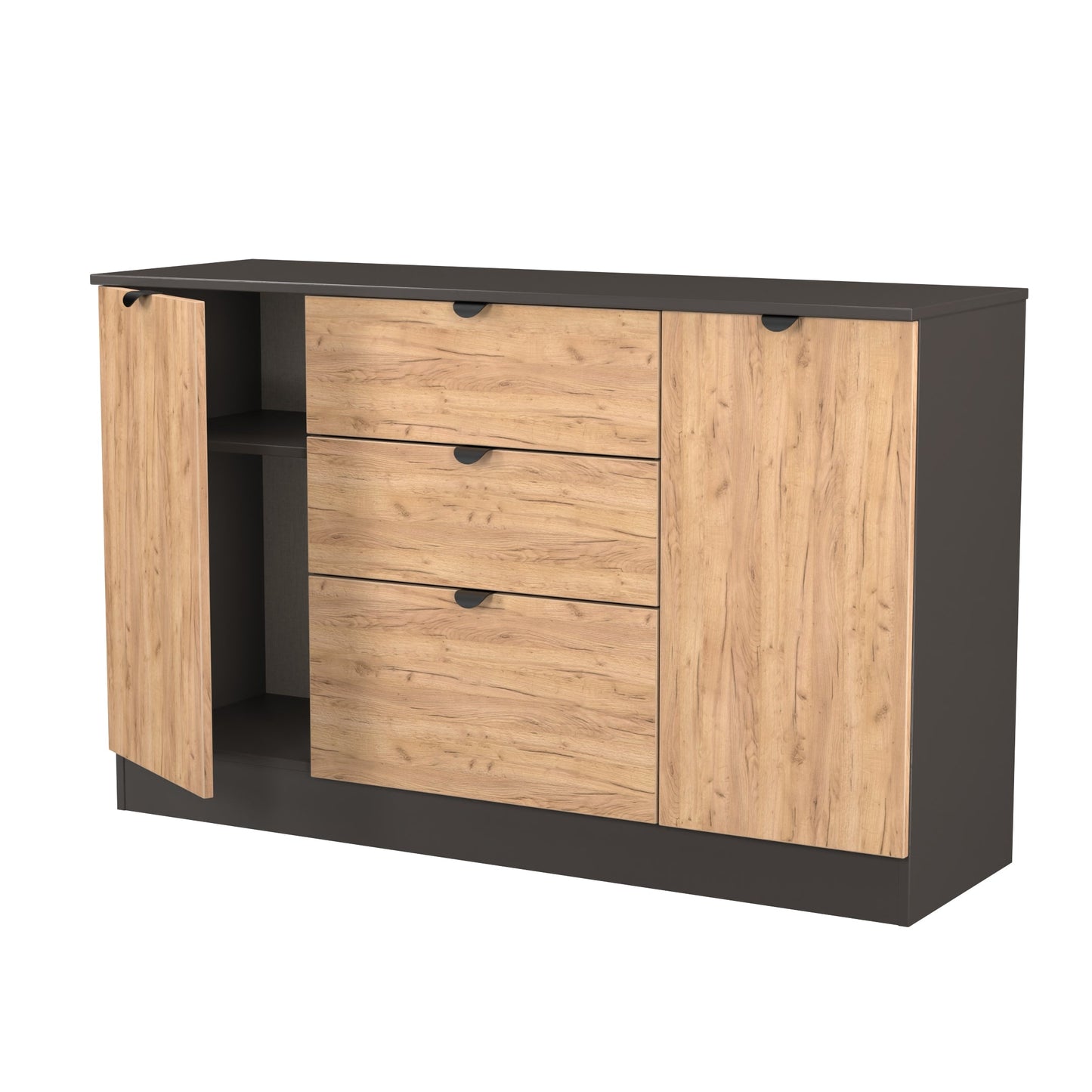 Bora Large Sideboard Oak & Dark Grey 2 Doors 2 Shelves 3 Drawers 126cm