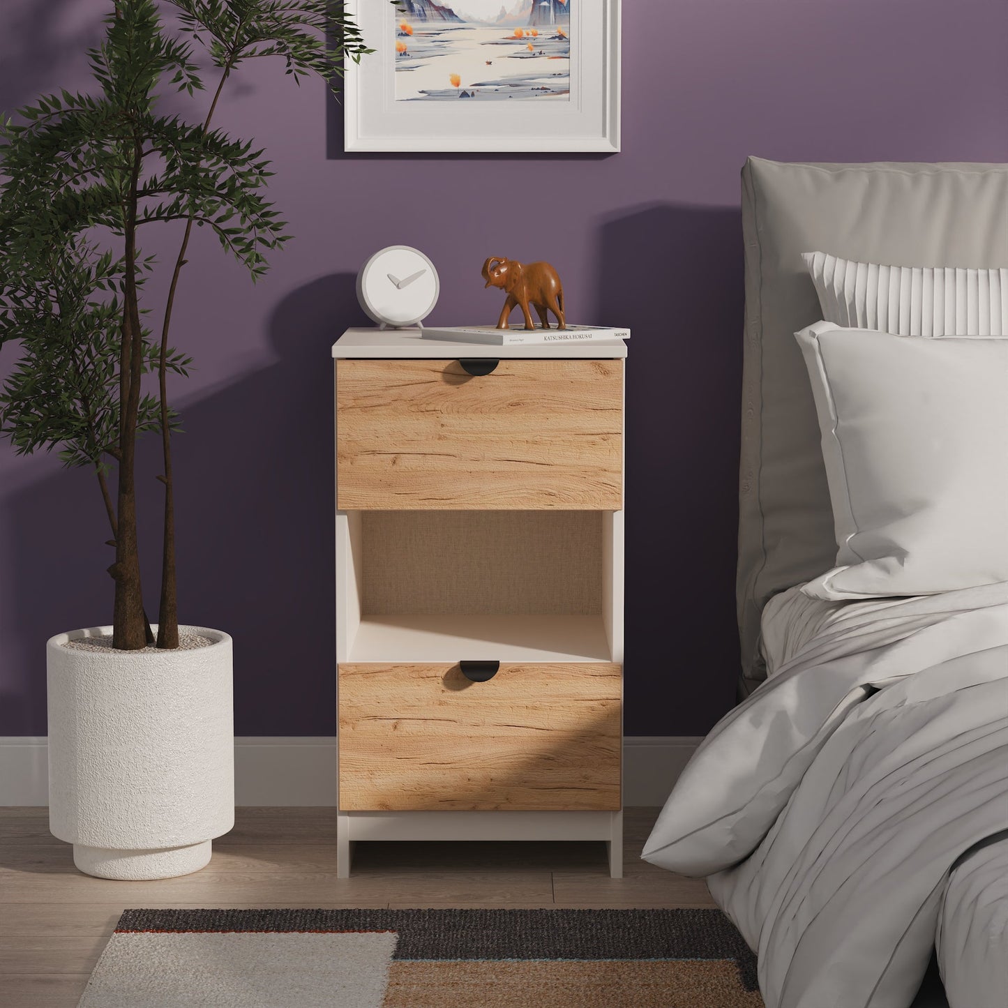 Bora Bedside Table Oak & Off-White 1 Shelf 2 Drawers 70cm