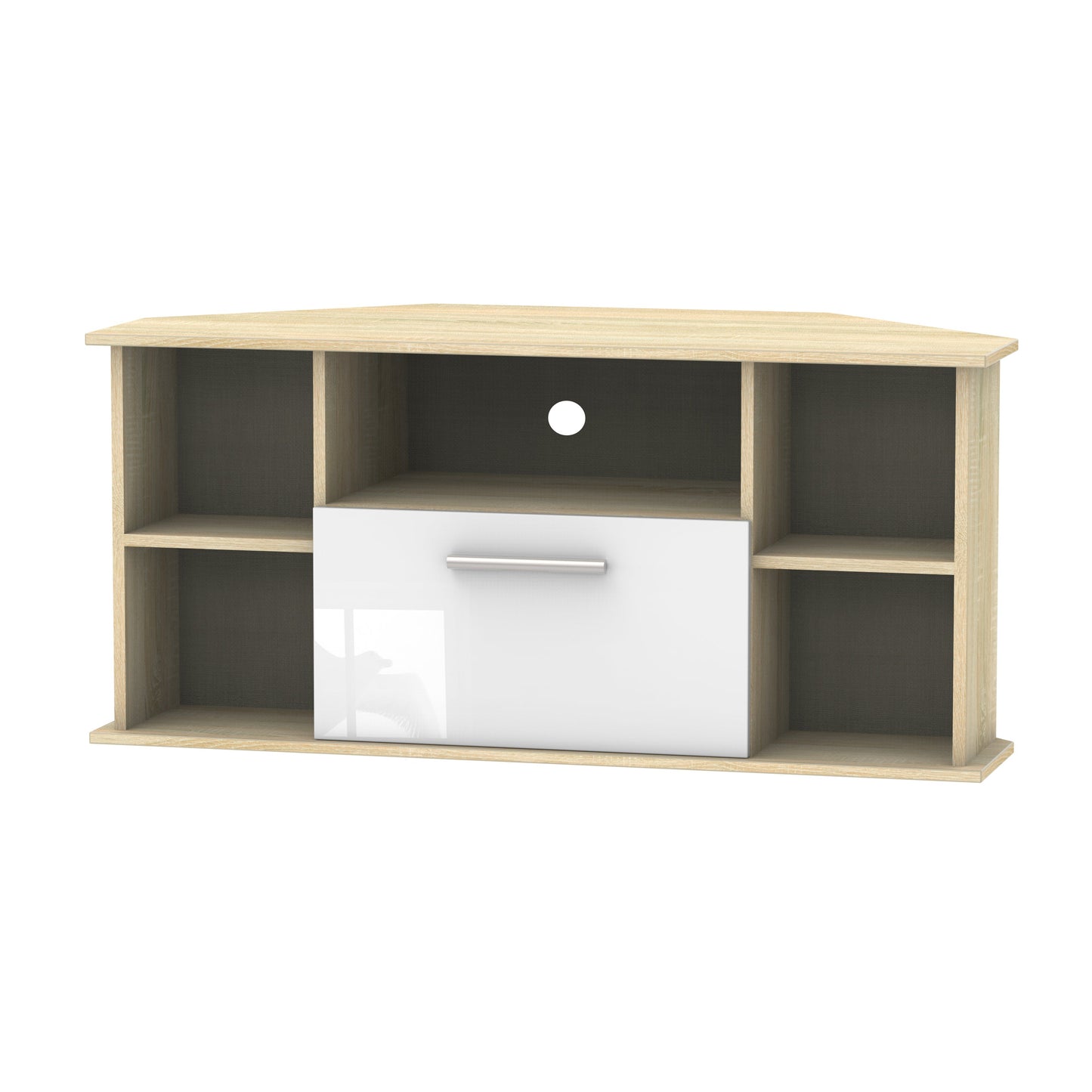 Contrast Corner Corner TV Unit White & Oak 5 Shelves 1 Drawer 110cm