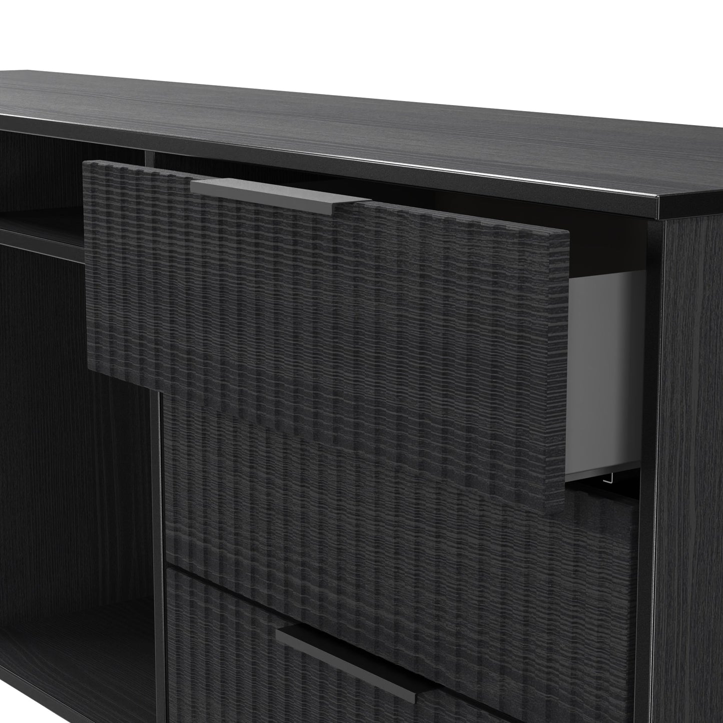 Fluted Large Sideboard Black 2 Shelves 6 Drawers 152cm
