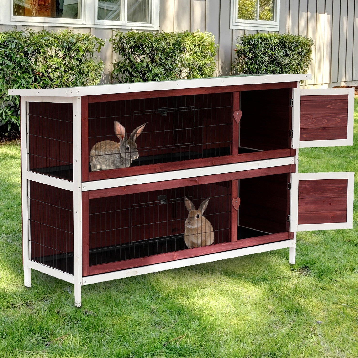 PawHut Two-Tier Double Decker Wooden Rabbit Hutch Pet Cage