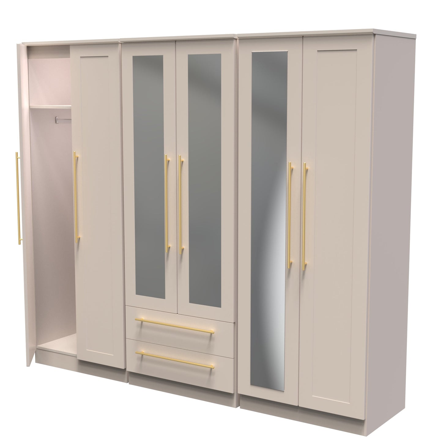Haworth Tall Mirror Wardrobe Off-White 6 Doors 2 Shelves 2 Drawers 222cm