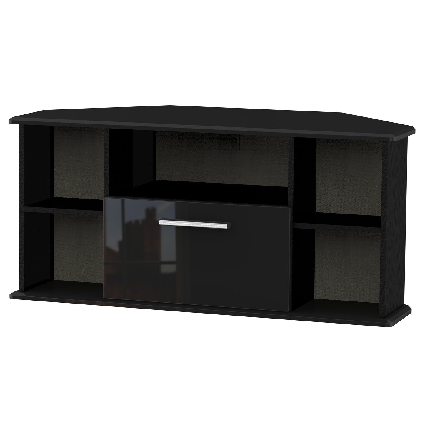 Knightsbridge Corner Corner TV Unit Black 5 Shelves 1 Drawer 112cm