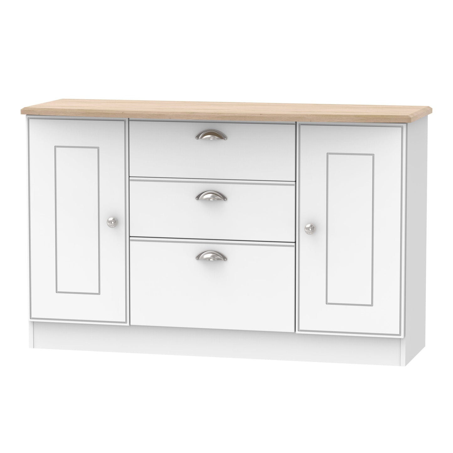 Victoria Large Sideboard White & Light Oak 2 Doors 3 Drawers 128cm