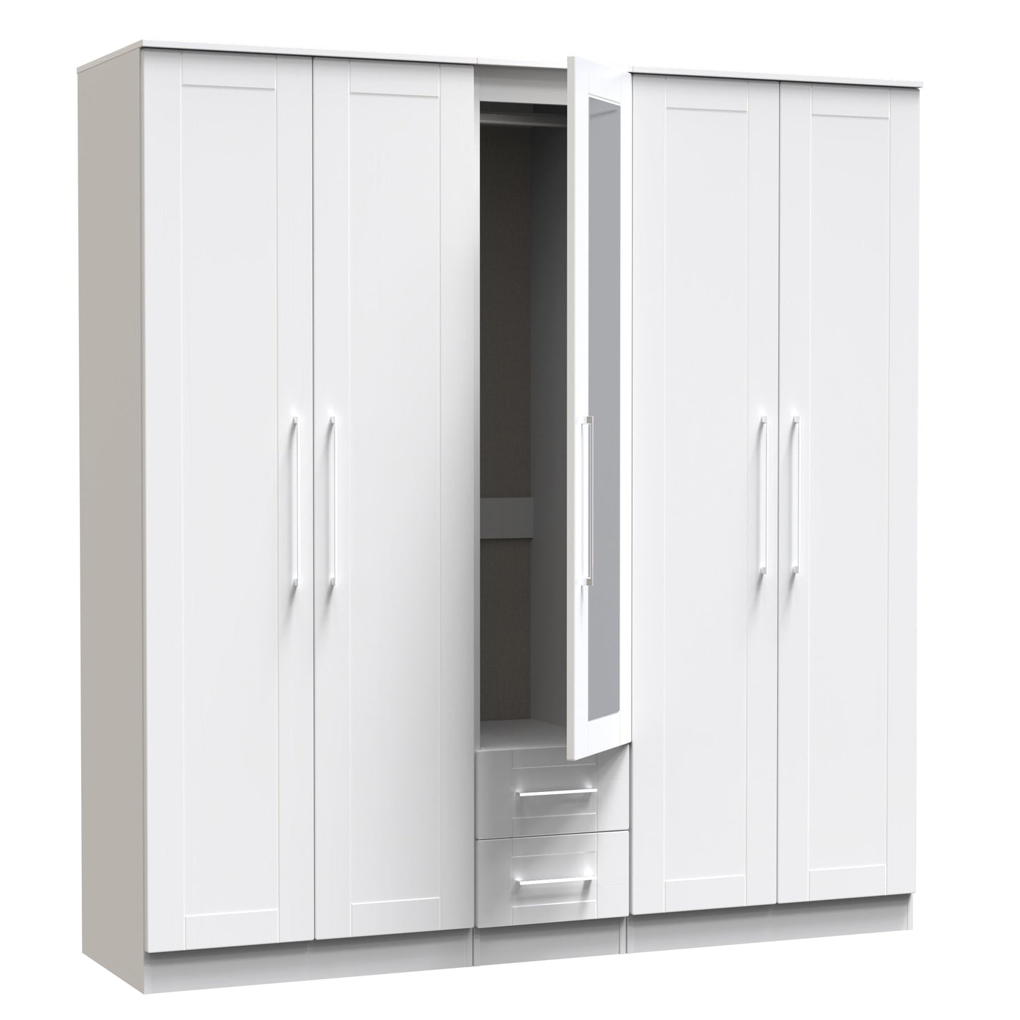 York Tall Mirror Wardrobe White 5 Doors 2 Shelves 2 Drawers 185cm
