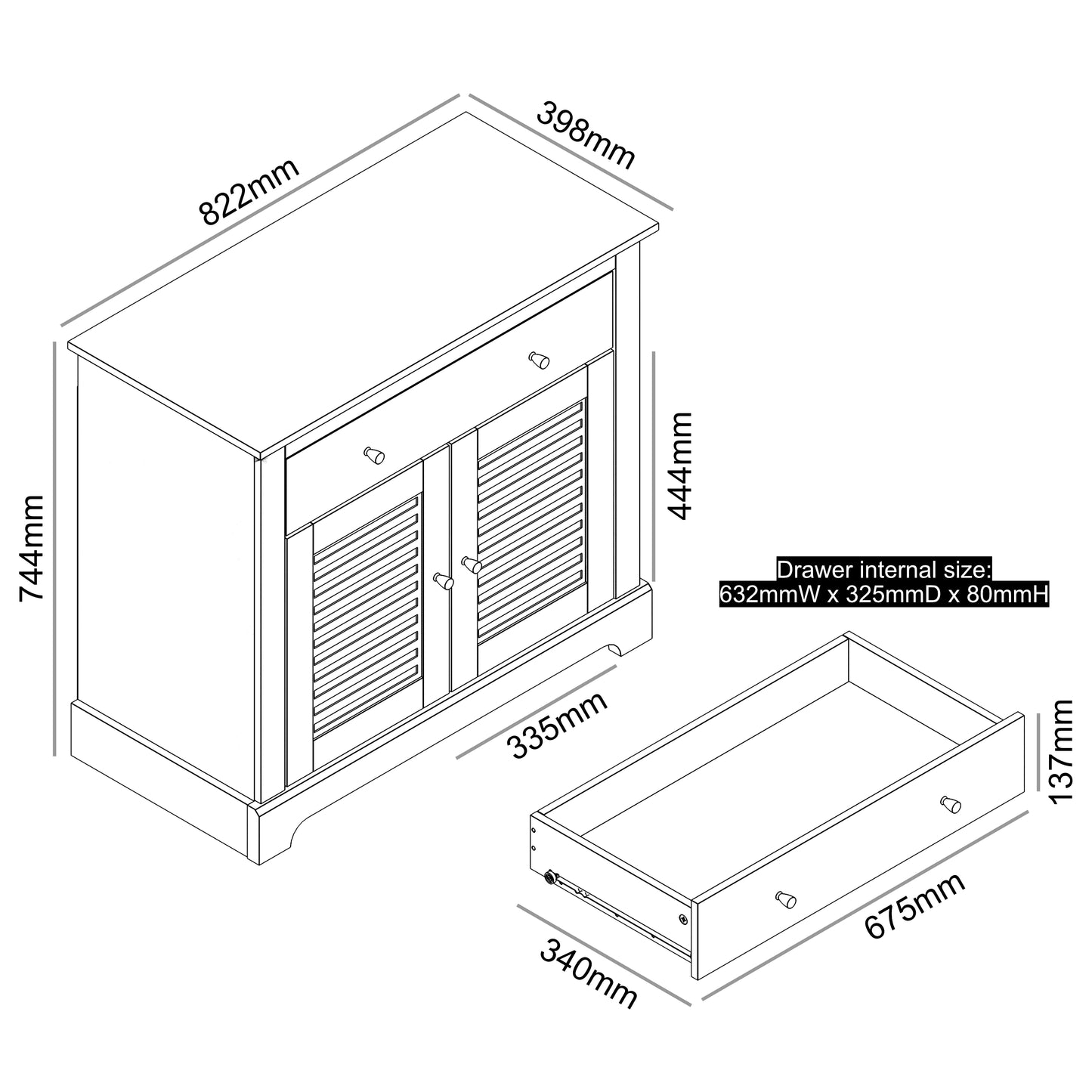 Salcombe Sideboard Light Grey 2 Doors 2 Shelves 1 Drawer