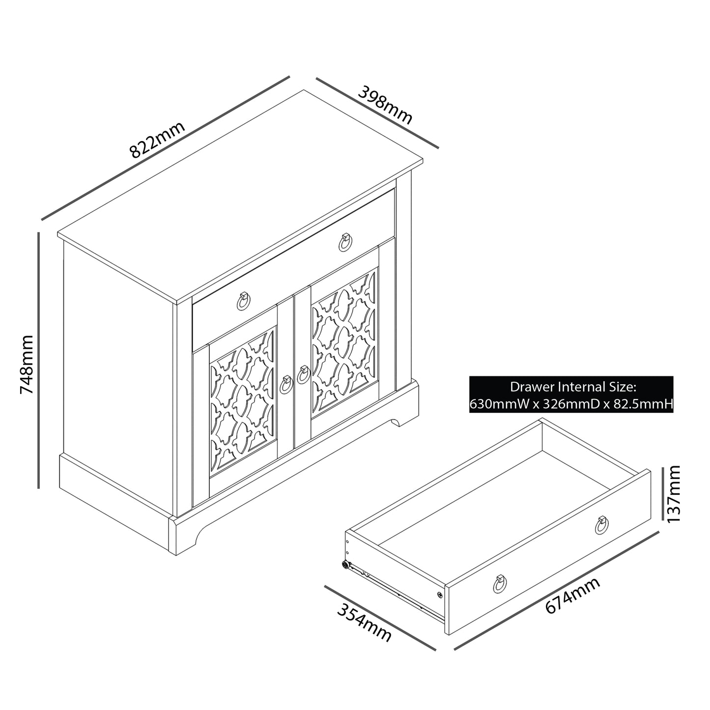 Honition Sideboard Grey 2 Doors 2 Shelves 1 Drawer