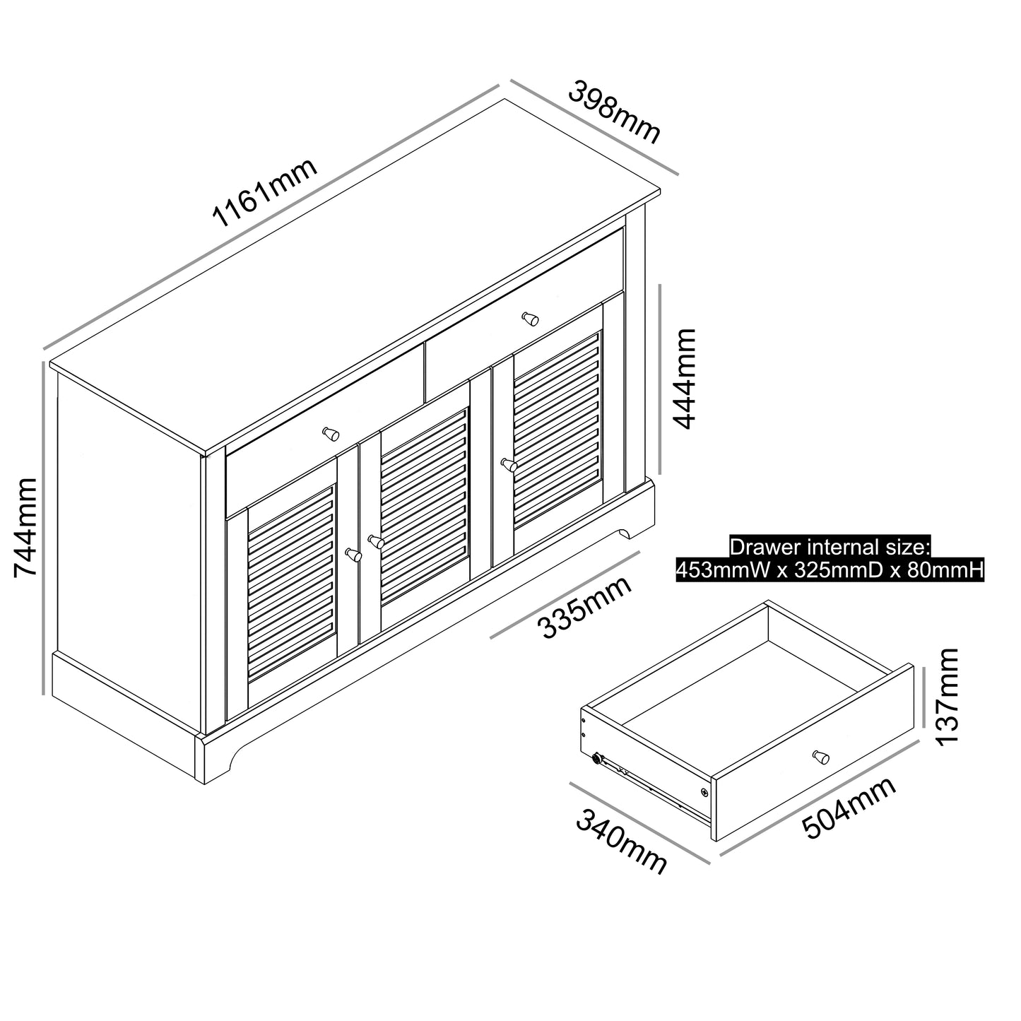 Salcombe Large Sideboard Light Grey 3 Doors 4 Shelves 2 Drawers