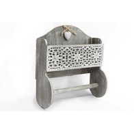 See more information about the Grey Wooden Kitchen Towel Holder With Cutout Pattern Shelf
