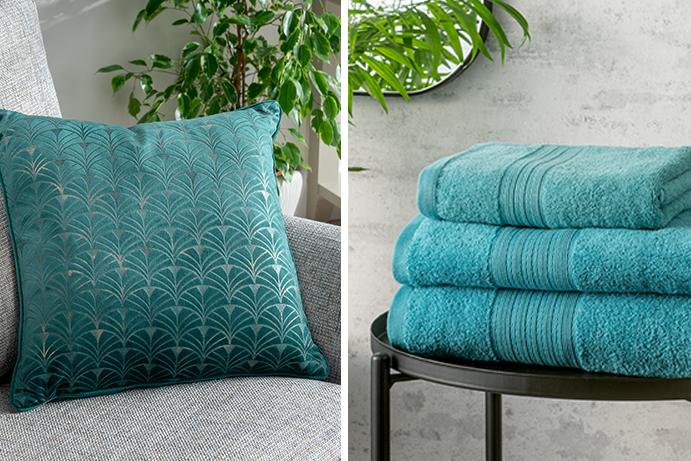 Split image - the left shows a teal patterned cushion on a grey sofa and the right hand image shows a stack of folded teal towels in a bathroom