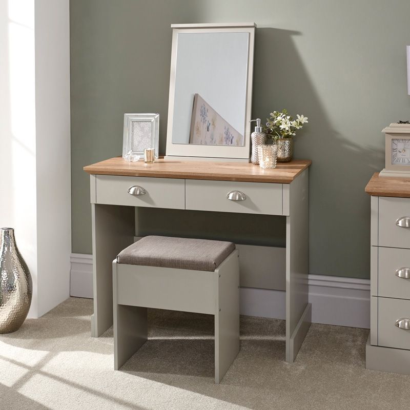 Vanity desk with a stool , with home decor on top