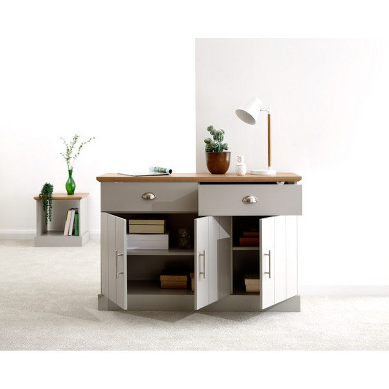 Sideboard with two drawers and three doors, featuring ample storage space and a sleek design for organizing and displaying items in any room.
