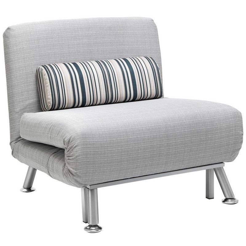 Grey sofa bed with a striped pillow, folded up into a chair 