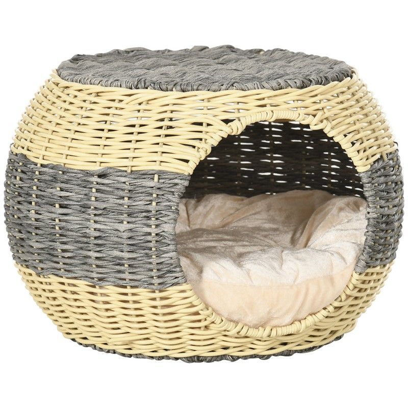 Pawhut Wicker Cat House Rattan Raised Cat Bed Cosy Kitten Cave With Soft Washable Cushion Diameter 40 X 30cm Primary Image