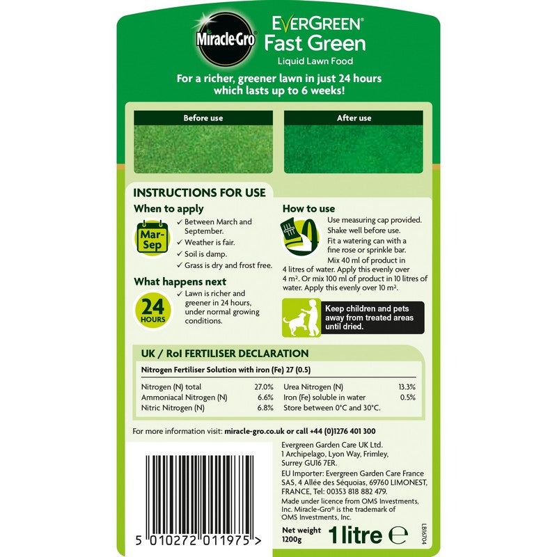 Miracle Gro 1L Fast Green Lawn Food - 100 Square Metres Coverage