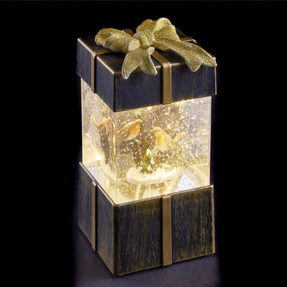 LED White Animated Bronze Gift Box With Robins Ornament 17cm Primary Image