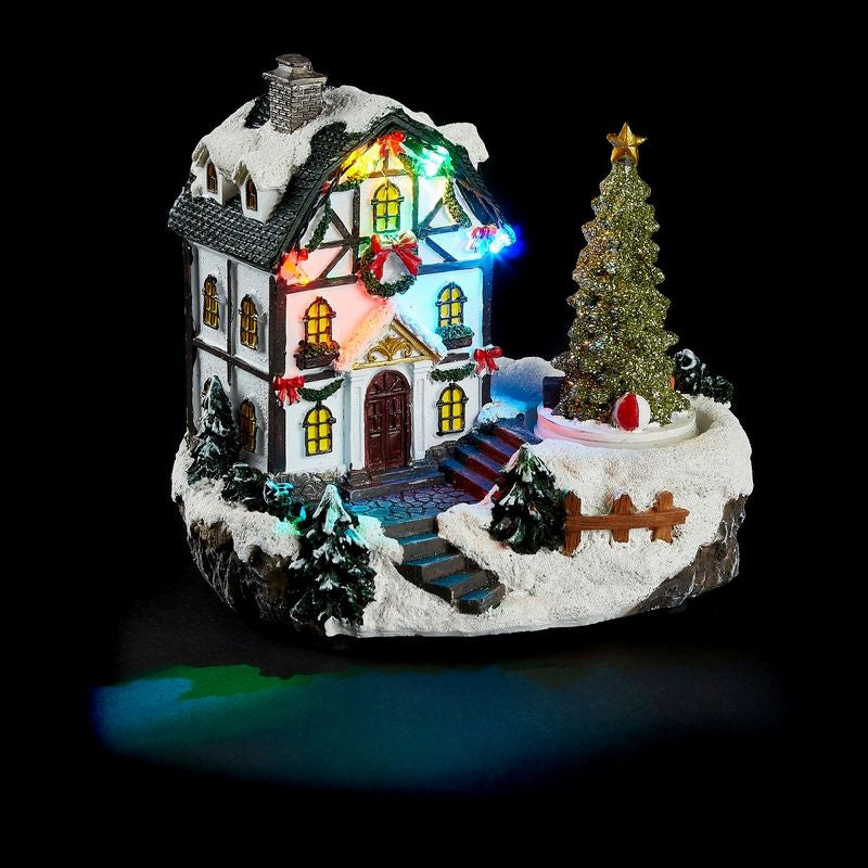 LED House Christmas Decoration With Rotating Tree Primary Image