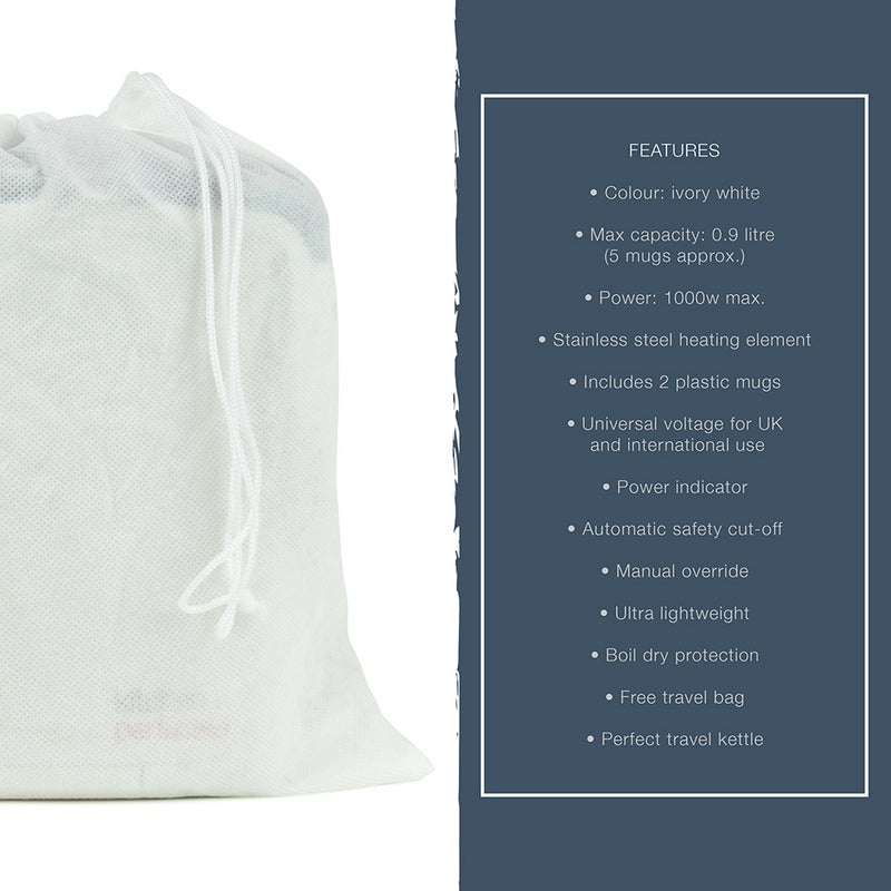 Kitchen Perfected Travel Kettle 900ml Cream And Black 1000W - With 2 Mugs