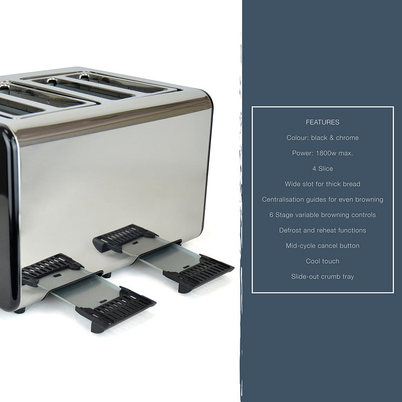 Kitchen Perfected Kitchen Toaster Wide Slot 4 Slice 1800W - Stainless Steel