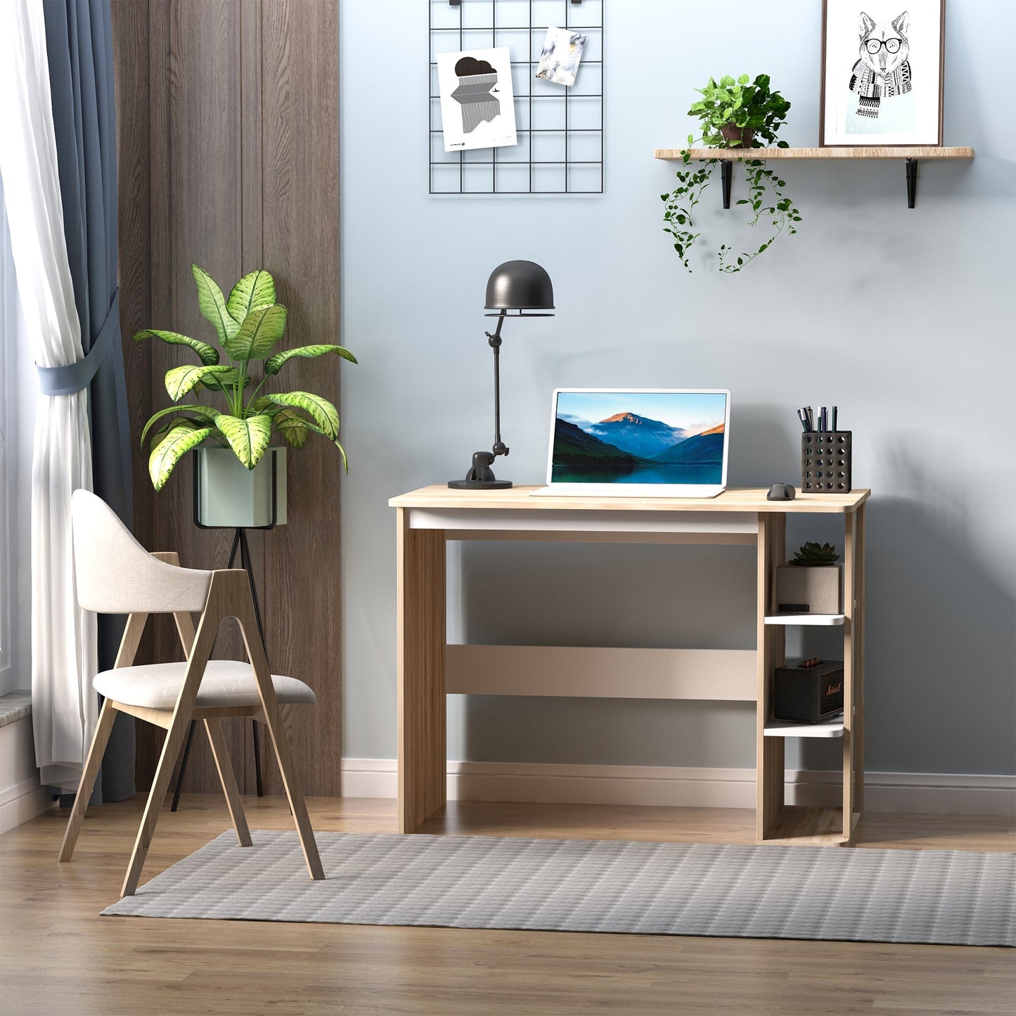 Office Desk w/ 3-Tier Display Shelf Storage - Wood effect