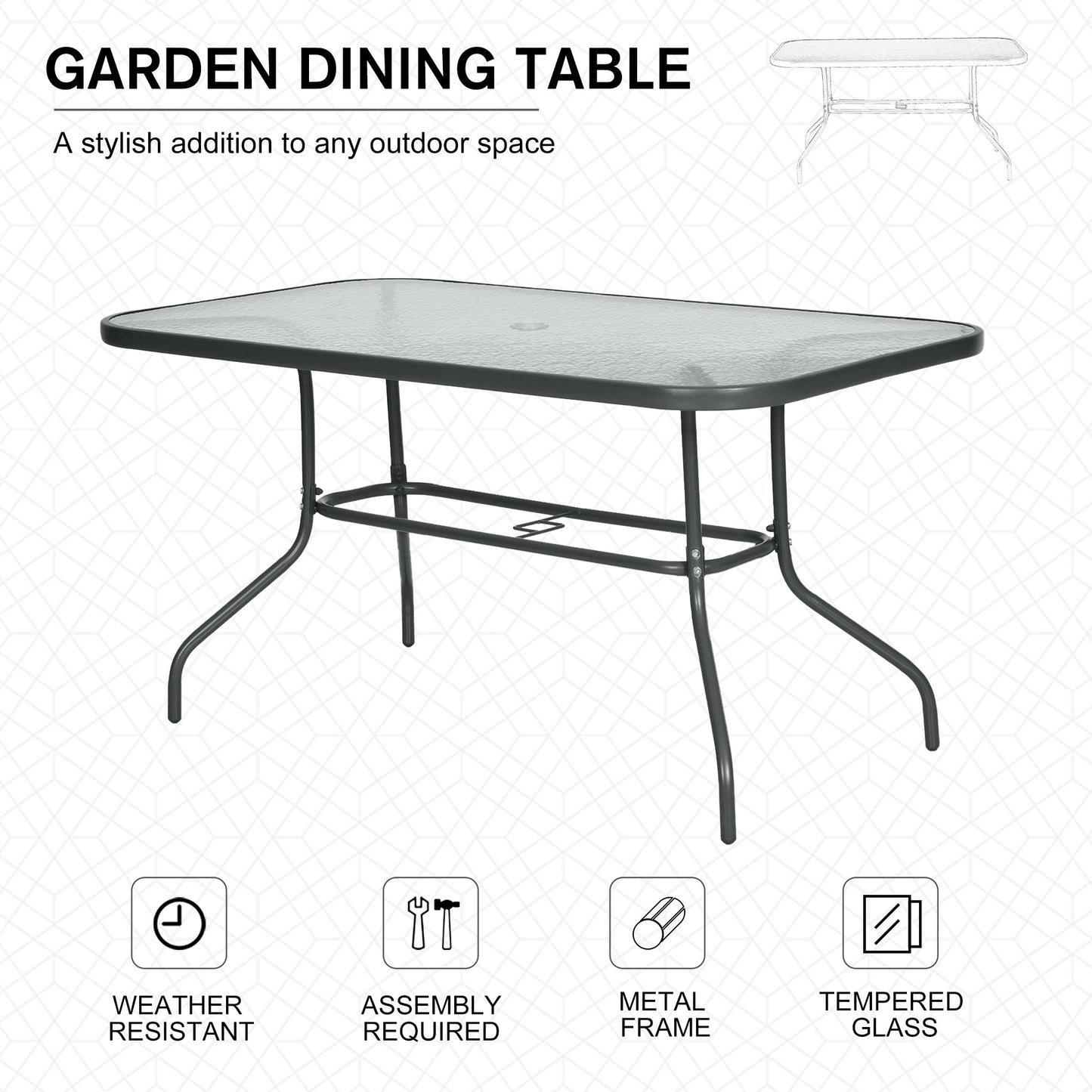 Aquatex Glass Garden Table Curved Metal Frame Parasol Hole 4 Legs Outdoor Grey