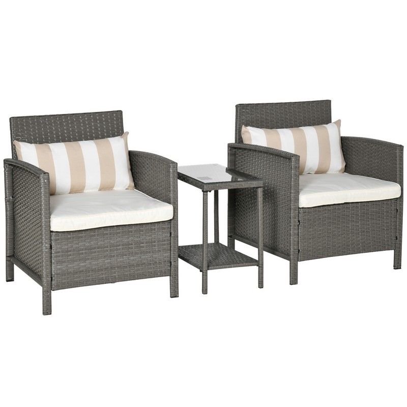 Garden Outdoor Rattan Furniture 3 Pieces Patio Bistro Set Wicker Weave Conservatory Sofa Chair & Table Set Cushion Pillow Light Grey