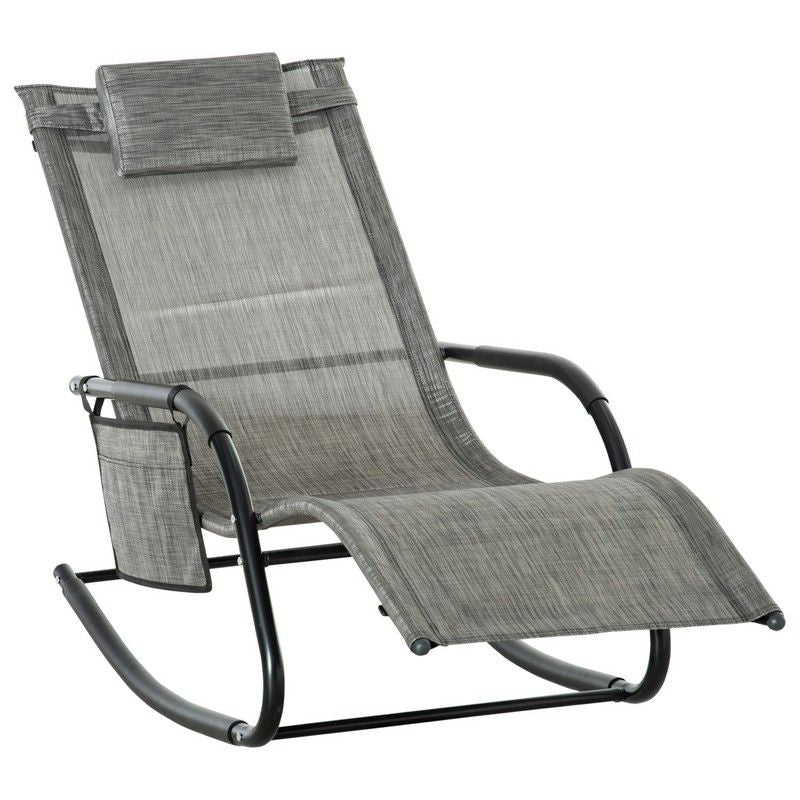 Breathable Mesh Rocking Chair Patio Rocker Lounge Indoor & Outdoor Recliner Seat W Removable Headrest Garden Patio Dark Grey