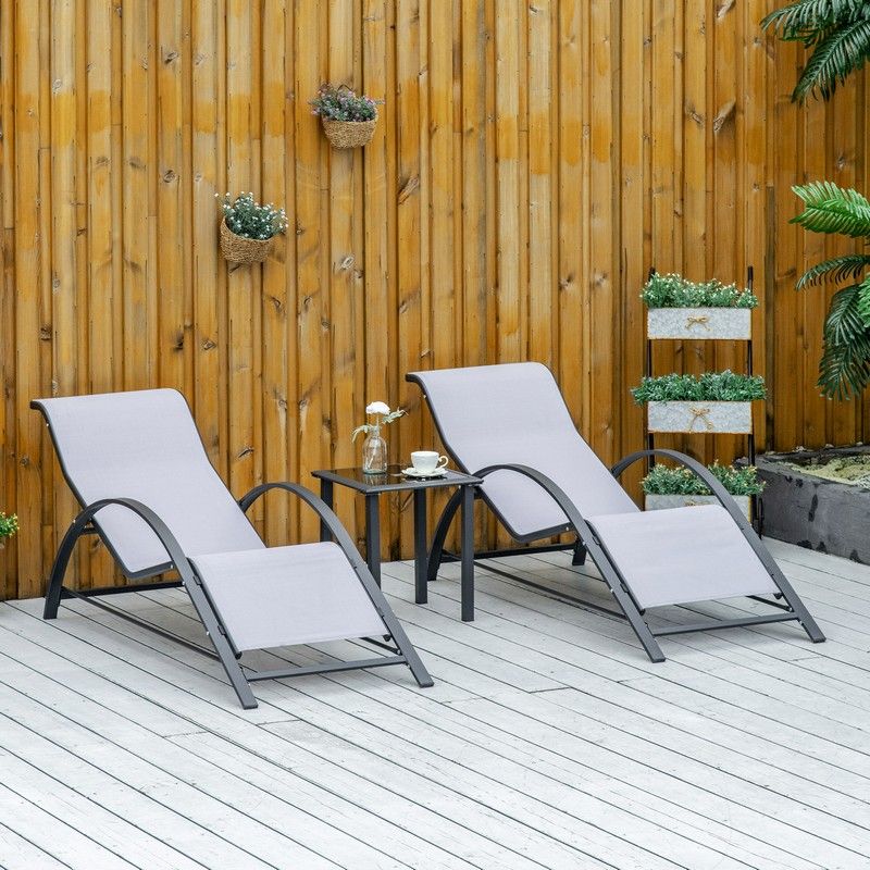 3 Pieces Lounge Chair Set Metal Frame Garden Outdoor Recliner Chair Table