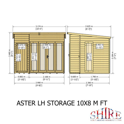 Shire Aster 8' 7" x 10' 4" Pent Summerhouse with Side Shed - Premium Dip Treated Shiplap