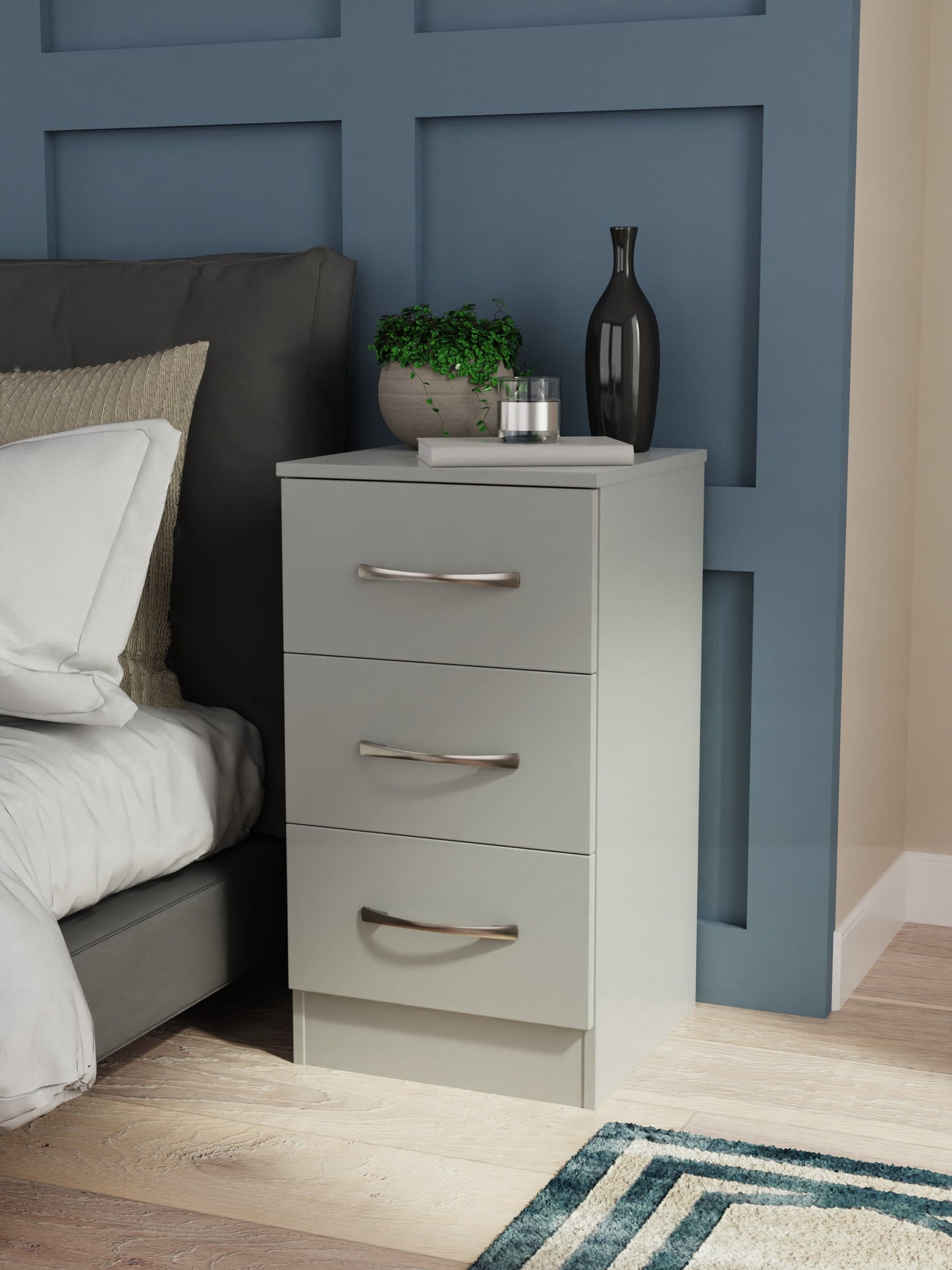 Avon Bedside Table Grey 3 Drawers 70cm
