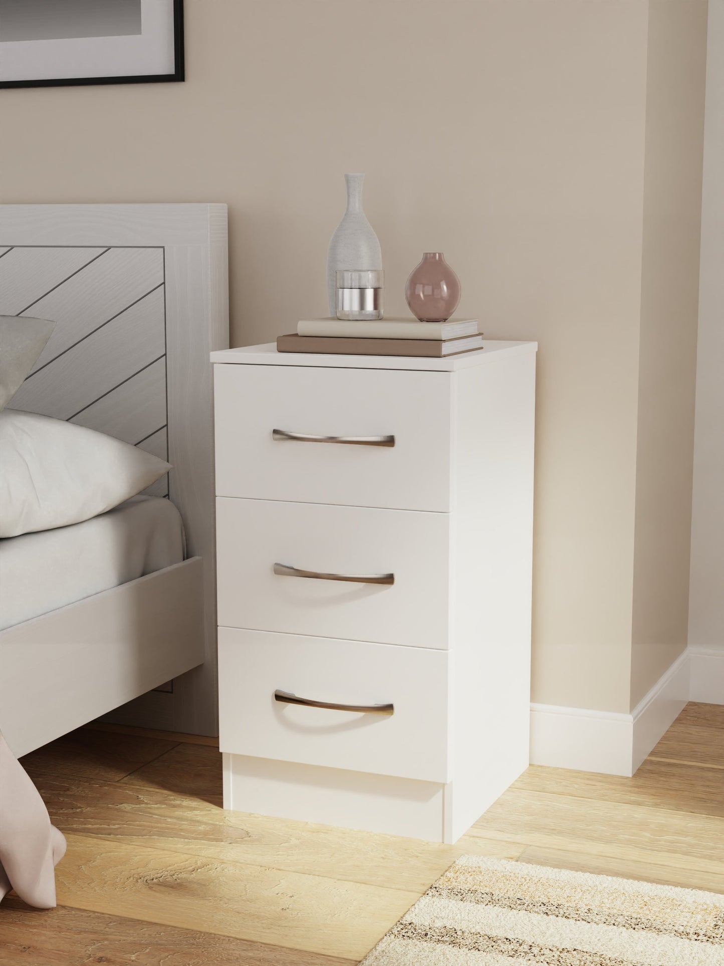 Avon Bedside Table White 3 Drawers 70cm