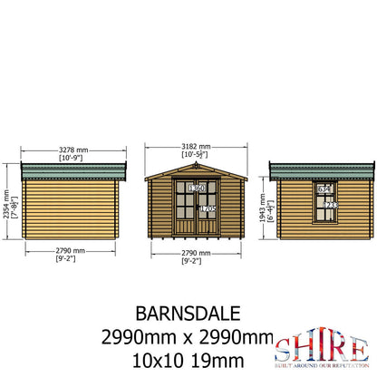 Shire Barnsdale 9' 9" x 9' 9" Apex Log Cabin - Premium 19mm Cladding Log Clad