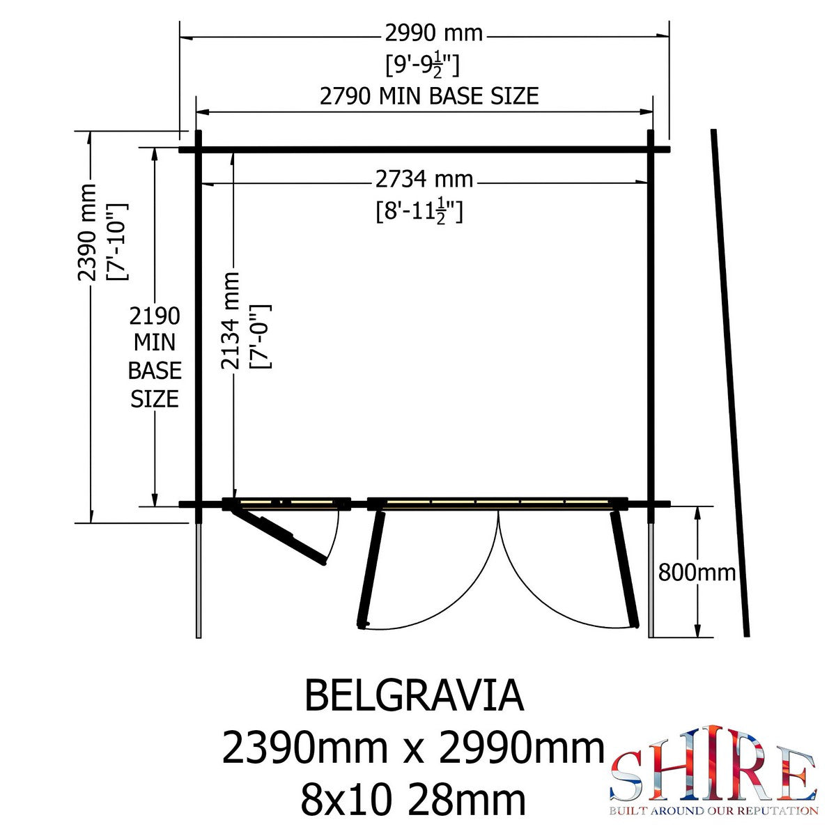 Shire Belgravia 7' 10" x 9' 9" Pent Log Cabin - Premium 28mm Cladding Tongue & Groove