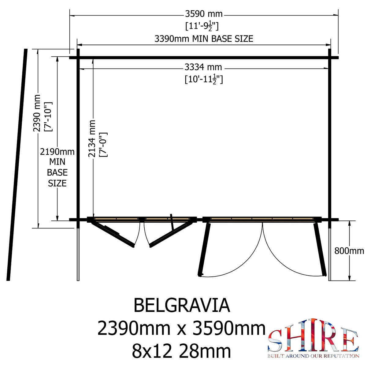 Shire Belgravia 7' 10" x 11' 9" Pent Log Cabin - Premium 70mm Cladding Tongue & Groove