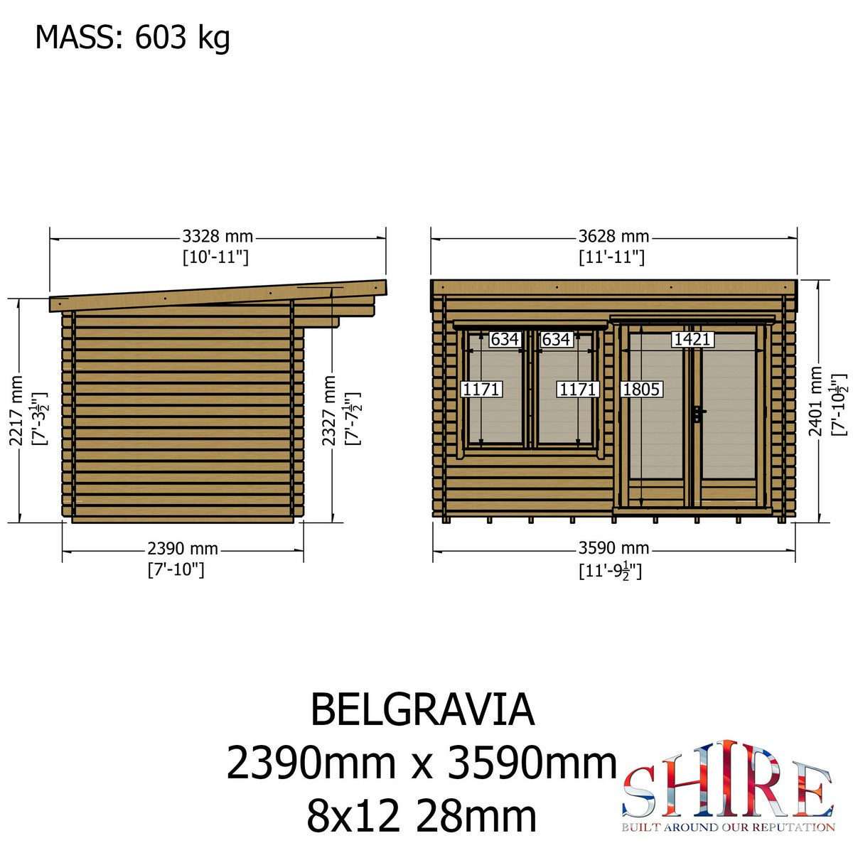 Shire Belgravia 7' 10" x 11' 9" Pent Log Cabin - Premium 34mm Cladding Tongue & Groove