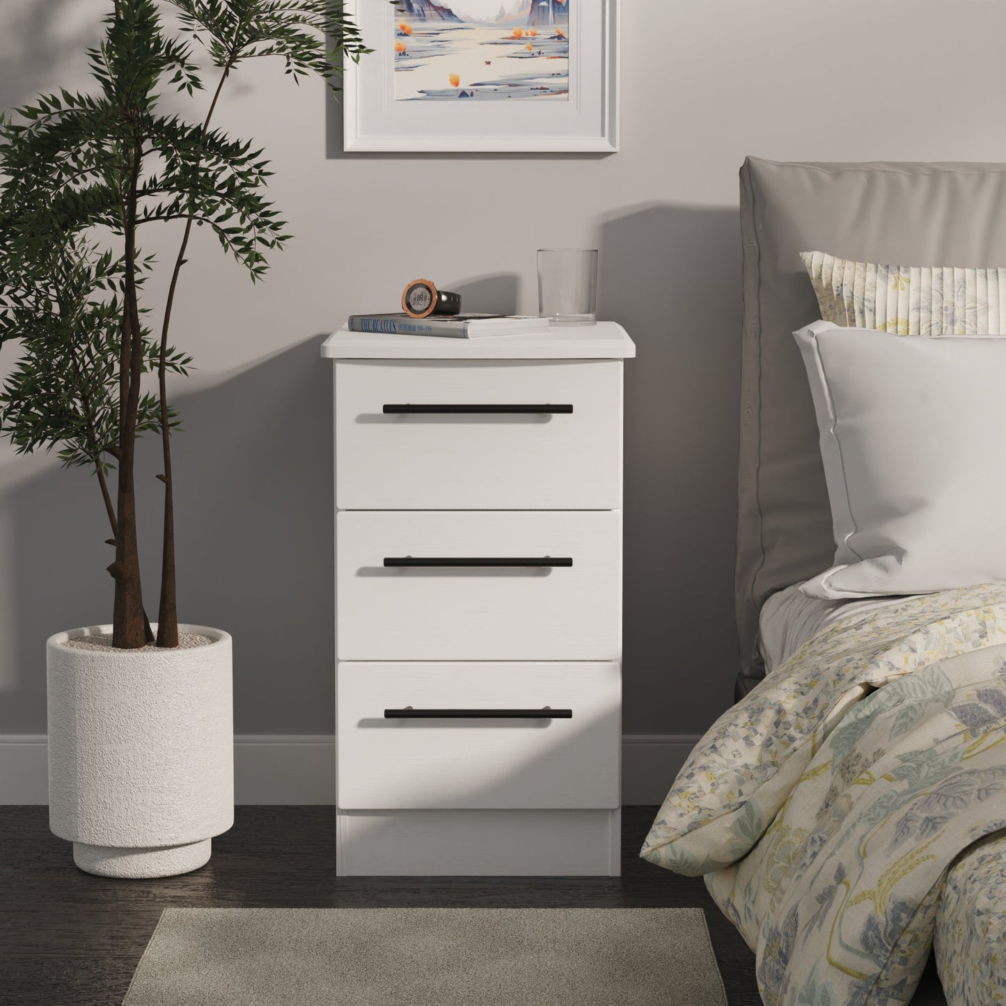 Beverley Bedside Table White 3 Drawers 70cm