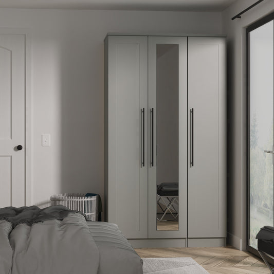 Beverley Tall Mirror Wardrobe Grey 3 Doors 1 Shelf 196cm