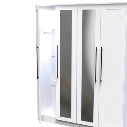 Beverley Tall Mirror Wardrobe White 4 Doors 1 Shelf 196cm