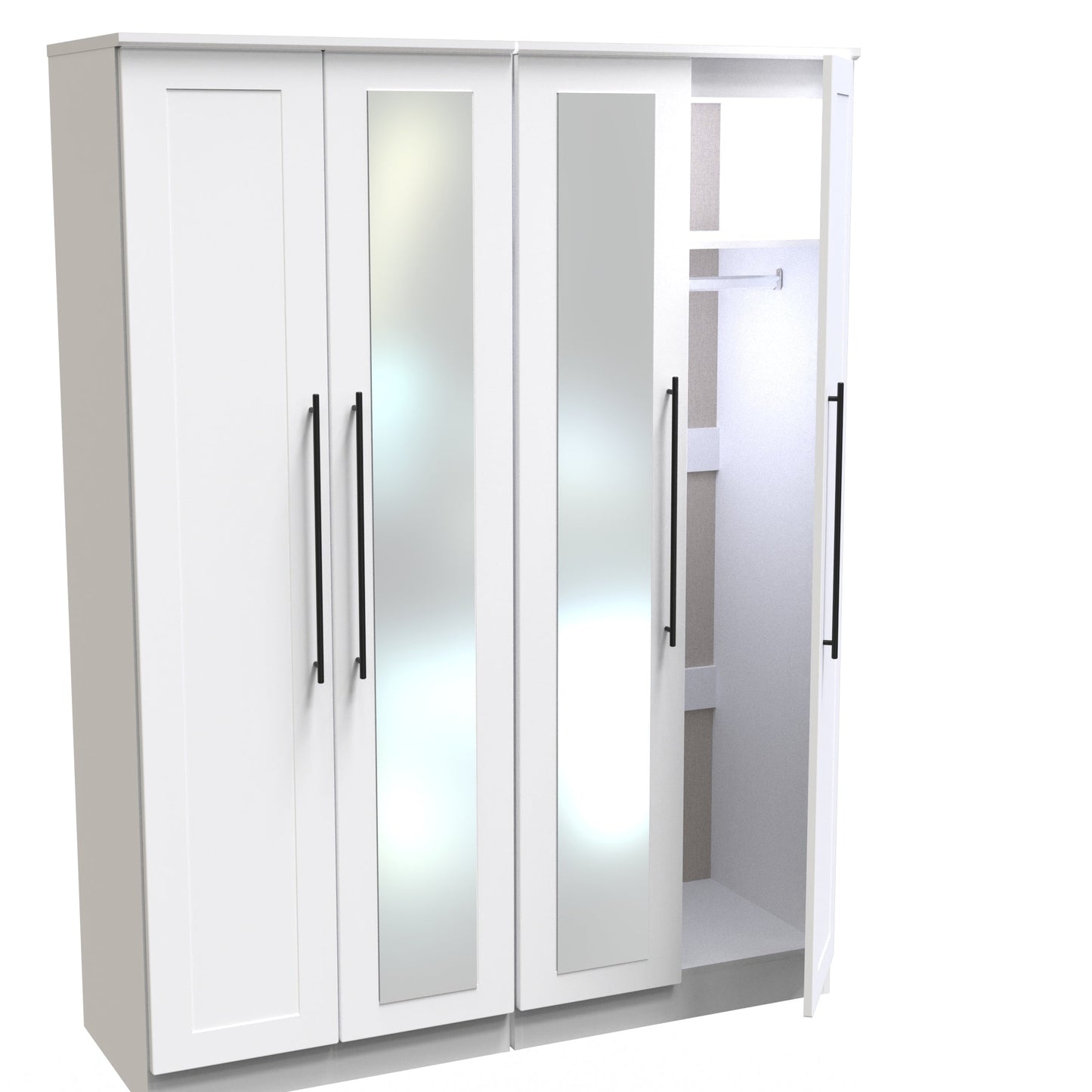 Beverley Tall Mirror Wardrobe White 4 Doors 1 Shelf 196cm