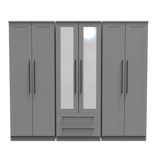 Beverley Tall Mirror Wardrobe Grey 6 Doors 2 Shelves 2 Drawers 222cm