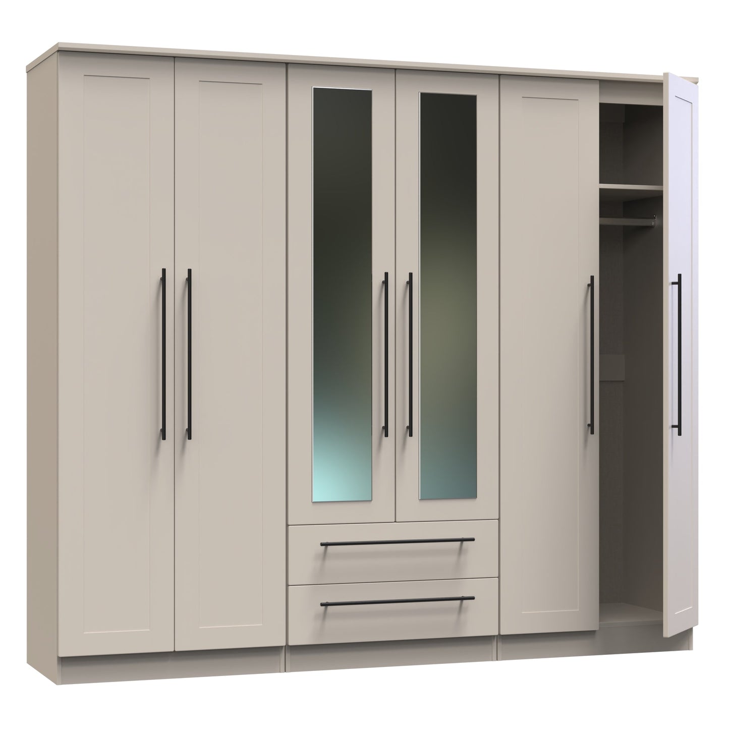 Beverley Tall Mirror Wardrobe Off-White 6 Doors 2 Shelves 2 Drawers 222cm