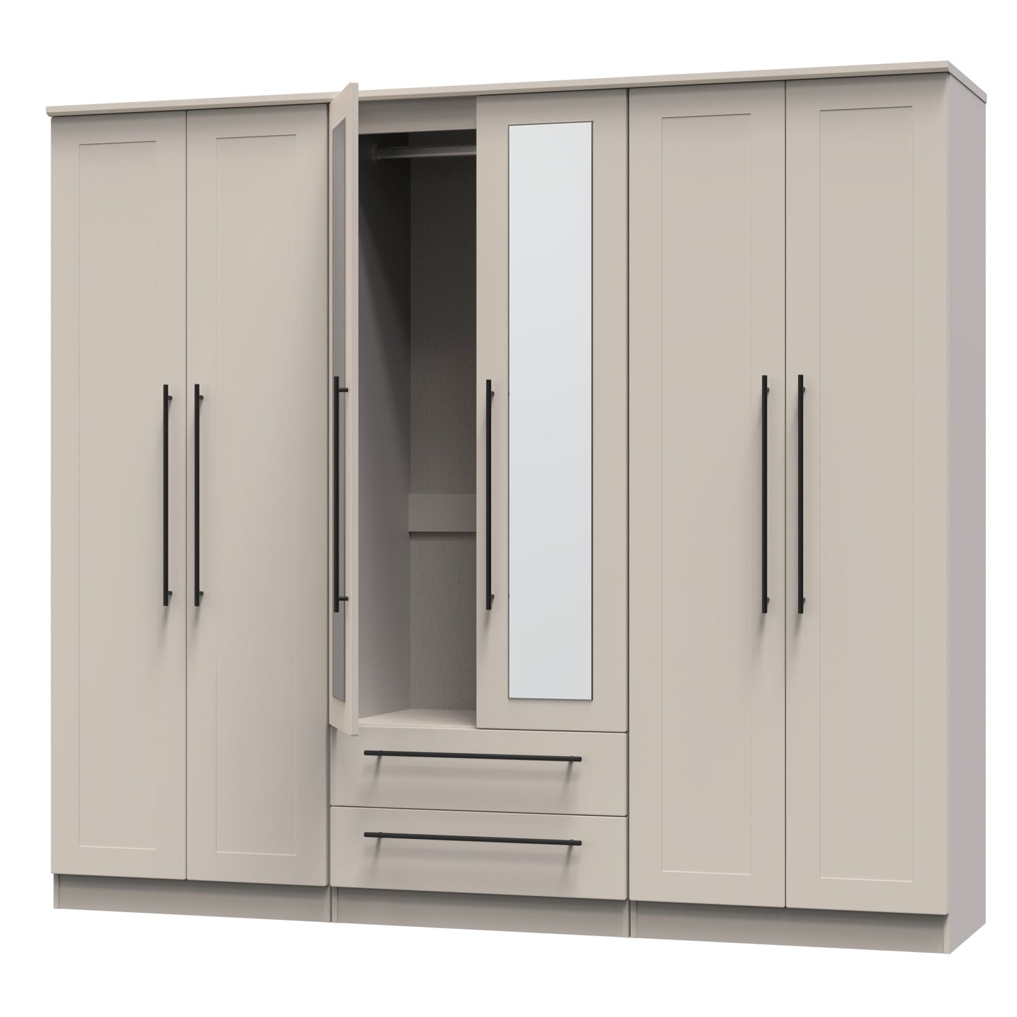 Beverley Tall Mirror Wardrobe Off-White 6 Doors 2 Shelves 2 Drawers 222cm