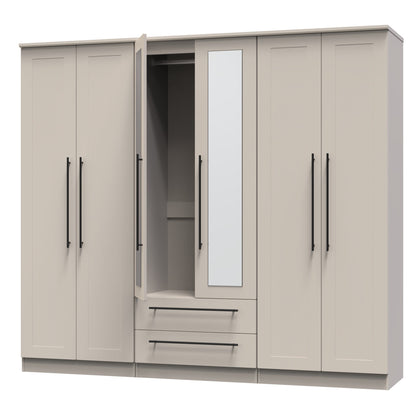 Beverley Tall Mirror Wardrobe Off-White 6 Doors 2 Shelves 2 Drawers 222cm
