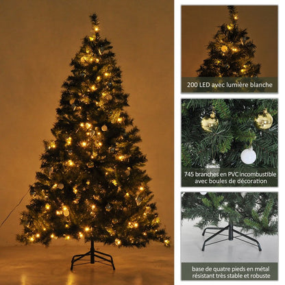 6 Foot Pre-Lit Artificial Christmas Tree 200 LED Xmas Tree Holiday Décor with Decorative Balls Ornament Metal Stand Green